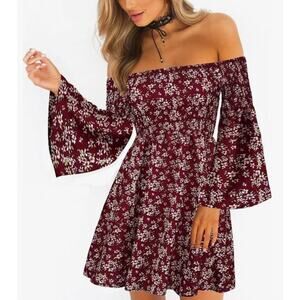 Oneyim Red Floral Mini Over the Shoulder Dress LARGE Boho Hippie Country Casual